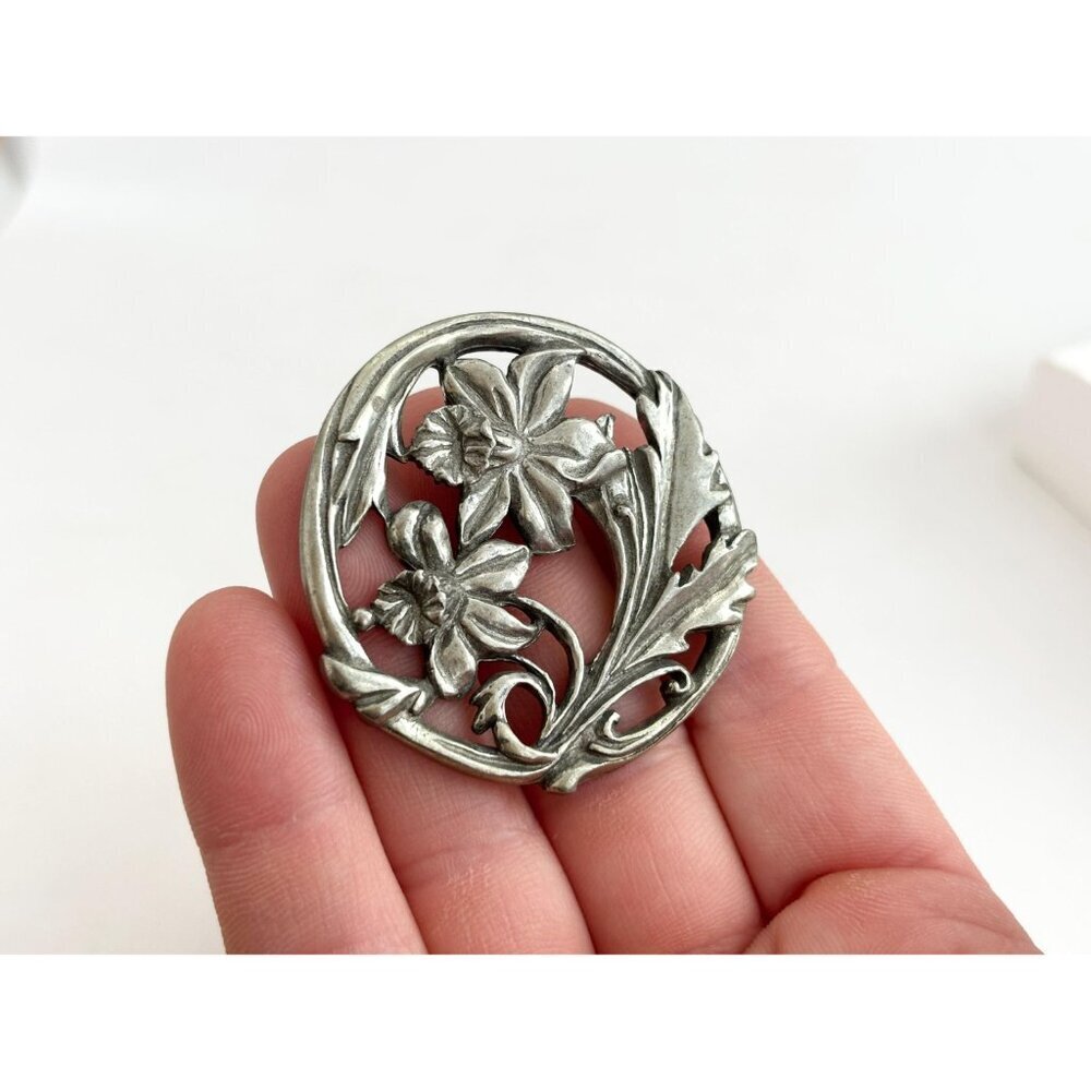 1987 Canadian Made Floral Pewter Art Nouveau Inspired Vintage Brooch Pin - Picture 12 of 14